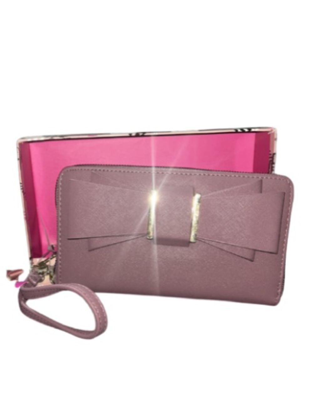 NWT Betsey Johnson Mauve Bow Zip Around Wallet Wristlet Boxed